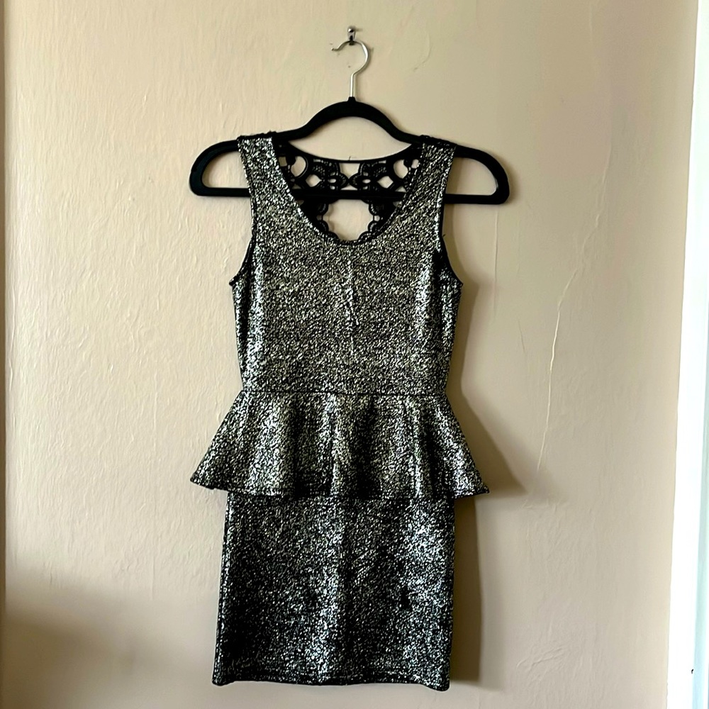 Namu Silver Shiny Glitter Peplum Black Lace Mini Bodyvon Party Mini Dress S